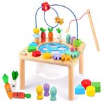 OATHX Baby Activity Table for 1+ Year Old, 6 in 1 Wooden Montessori Activity Center for 1st Birthday Gifts Boy Girl, Toddler Toys, Kids Sensory Play Table with Bead Maze Shape Sorter Fishing Game