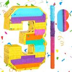 Rainbow Number 3 Pinata with a Blindfold and Bat for Boys Girls 3rd Birthday Party, Kids Anniversary Celebration, Fiesta Supplies (16.1 x 10.6 x 3.2 Inches)