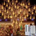 Christmas Meteor Shower Lights Battery Powered, Waterproof 144 LED Icicle Snow Falling Lights with Remote Timer Raindrop Lights for Tree Yard Patio Christmas Party Outdoor Decor(Warm White)