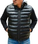 Jild Lambskin Leather Puffer Vest with Removable Hood - Stand Collar Casual Style Sleeveless Leather Jacket Men (Puffer-Blk-S)