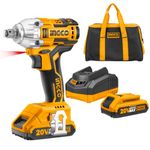 INGCO Brushless Motor Impact Wrench (Old Version), 1Pcs Sturdy Canvas Bag, 300NM, with 2pcs Batteries & Charger