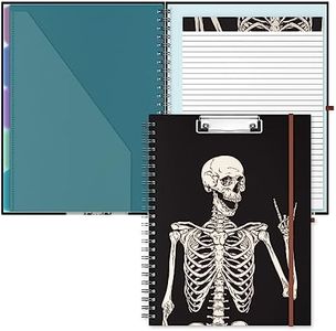 Hongri Clipboard Folio with Refillable Lined Notepad, Clipboards with 5 A4 Folders Storage 10 Pockets, Spiral Clip Board Portfolio, Size 12.8" x 9.7", Office Supplies, School Supplies, Skeleton