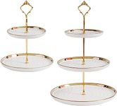 MEETOZ 2 Set of Round Porcelain Tiered Cupcake Stand, Dessert Plates Stand Tiered Serving Trays with Gold Rod,3 Tiers and 2 Tiers Cake Stand Party Serving Trays Fruit Pastry Holders(White)