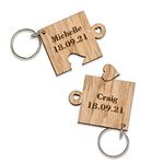 2 x Personalised Jigsaw Puzzle Piece Wooden Keyrings Each Engraved with Names & Date | Gifts for him or her