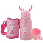 Kuber Industries Water Bottle for Kids, Bunny Design Stainless Steel Flask with Straw, Cup & Fabric Cover, Sipper, Food Grade Plastic Lid, Broad Fabric Strap, Leak Proof, BPA Free, 500 ml, Pack of 1