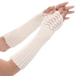 Novawo Women Arm Warmers Fashion Long Fingerless Gloves Knitted Kawaii Warm Gloves, White, One Size