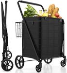 COSTWAY 126L/150kg Folding Shopping Trolley on Wheels, Metal Utility Push/Pull Cart with Removable Waterproof Liner, Back Basket & Foam Covered Handle, Rolling Grocery Trolley (Black)
