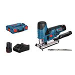 Bosch Professional 12V System GST 12V-70 cordless jigsaw (cutting depth in wood: 70 mm, including 2x saw blades, glide shoe, anti-splinter guard, 2 x 3.0 Ah batteries and charger, in L-BOXX 136)