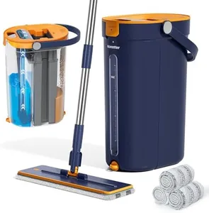 Mop and Bucket Set with Wringer, 3-Tank Flat Mop and Bucket System, Wall Mop Cleaner with Long Handle, Hands Free Mops for Floor Cleaning with 4 Microfiber Pads