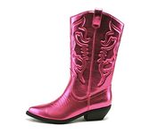 Soda RENO ~ Women Western Cowboy Stitched Pointe Toe Low Heel Ankle Mid Shaft Fashion Boots, Fuchsia Metallic, 4.5 UK