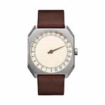 slow Jo 17 - Swiss Made one-hand 24 hour watch - Silver with dark brown leather band