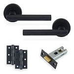 XFORT Matt Black Liberty Lever On Rose Latch Pack, Complete Set with T-Bar Door Handles, 65mm Tubular Latch and 75mm Ball Bearing Hinges, Door Handle Set for Home and Office.
