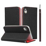 iCoverCase Genuine Leather Case for iPhone XR, Wallet Case with Wrist Strap and Card Slots Magnetic Closure Kickstand Feature Flip Cover for iPhone XR (Black)