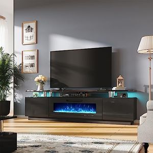 AMERLIFE Fireplace TV Stand with 40" Fireplace, 80" Modern High Gloss Fireplace Entertainment Center LED Lights, 2 Tier TV Console Cabinet for TVs Up to 90", Obsidian Black