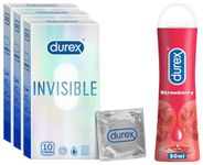 Durex Invisible Super Ultra Thin Condoms For Men 10 Count|Pack Of 3 & Lube Strawberry Flavoured Lubricant Gel For Men & Women - 50Ml | Water Based Lube | Compatible With Condoms & Toys