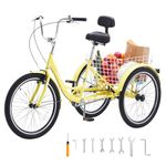 VEVOR Adult Tricycles Bike, 24 Inch Three-Wheeled Bicycles, 3 Wheel Bikes Trikes, Carbon Steel Cruiser Bike with Basket & Adjustable Seat, Picnic Shopping Tricycles for Seniors, Women, Men (Yellow)