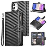 UEEBAI Wallet Case for iPhone 11 6.1 inch, Premium Carbon Fibre PU Leather Case Handbag Zipper Pocket Case Card Slots Kickstand Magnetic Closure Wrist Strap Shockproof Flip Cover - Black#3