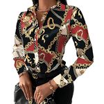 KCatsy Womens Chain Print Pattern Button-Down Shirt Long Sleeve Business Casual Top Elegant Blouse A Chain Red L 12