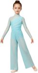 Yyuihri Girls Lyrical Dance Costume Contemporary Ballet Leotard Long Sleeve Mesh High Neck Jumpsuit for Stage Performance Light Blue 15-16 Years