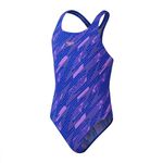 Speedo Junior Girl's Hyperboom Allover Medalist One Piece Swimsuit, Chlorine Resistant , Quick Drying, True Cobalt/Sweet Purple/Disco Peach, 11-12 Years