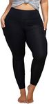 KQUZO Women's Plus Size High Waist 7/8 Compression Workout Leggings with Pocket 27" Inseam, Full Length_ Black/Black Stitches, 3XL Plus