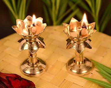 Collectible India Set of 2 Pure Brass Diya for Puja Temaple Decoration , Lotus Shape Pillar Diya Stand Oil Lamp for Home Mandir Pooja Articles Decor Gifts (Size 3.8 Inch, 2Pcs)