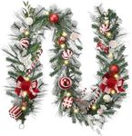 Valery Madelyn 9 Feet Pre-Lit Christmas Garland with Lights for Mantle, Lighted Outdoor Xmas Garland with Candy Red White Balls & Bows for Home Stairs Fireplace Table Centerpiece Indoor Holiday Decor
