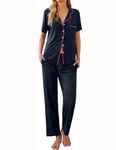 Ekouaer Women Pajamas Set Notch Collar Sleepwear with Pockets Short Sleeve Button Down Nightwear with Long Pants Blue Medium