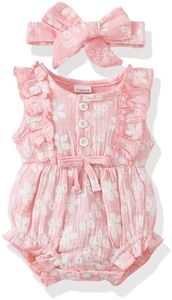 Renotemy Infant Baby Rompers Girl Cotton Linen Short Sleeve Outfits One-Piece Bodysuit Baby Girl Clothes 3-6 Months Pink Floral