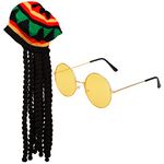 MFUOE 2 Pack Rasta Set Rasta Hat with Black Dreadlocks Wig and Yellow Glasses Caribbean Fancy Dress Costume