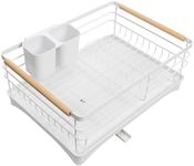 Navaris Dish Drainer Rack with Wooden Handle - Metal Draining Board with Drip Tray - Plate Drying Rack with Utensil Holder - Washing Up Drainers for Kitchen Sink - White