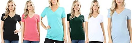 4 Pack Zenana Women's Basic V-Neck T-Shirts (Medium, Assorted 6 Pack- Black/Coral/AshRose/Dustymint/Huntergreen/White/BlueMint)