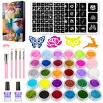 Temporary Glitter Tattoos Kit for Kids, 30 Large Glitter Colors, 120 Stencils, Body Nail Art Blacklight Painting Tattoo Glow in Dark, Body Glitter for Kids Festival Party with 5 Brushes 2 Glue