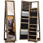 COSTWAY 3-in-1 Jewelry Cabinet, Lockable Jewelry Armoire Storage Unit with Full Length Mirror and Display Shelf, Home Bedroom Dressing Room Cosmetics Jewellery Organiser (360° Swivel Rustic Brown)