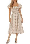 R.Vivimos Womens Summer Floral Print Puff Sleeves Vintage Ruffles Midi Dress (Large, Beige)