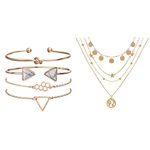 Shining Diva Fashion Set of 4 Multilayer Charm Bangle Gold Plated Bracelet for Women and Girls (Golden) & Golden Neck Chain Pendant Necklace Jewellery for Women