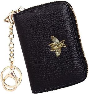 FORTUNA RFID Credit Card Holder Keychain Wallet Leather Zipper Card Case for Women (Black)