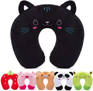 H HOMEWINS Travel Pillow for Kids Toddlers-Soft Neck Head Chin Support Pillow,Cute Animal,Comfortable in Any Sitting Position for Airplane,Car,Train,Machine Washable,Children Gift (Black cat)