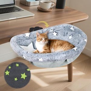 Himake Cat Desk Bed with Clamp, Glow in The Dark Cat Desk Hammock, Desk Perch with Removable Washable Cover, Sturdy Metal Frame, Supports up to 50 Lbs