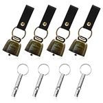 4Pcs Loud Bear Bells with Whistles and PU Leather Keychains, Bear Bells for Hiking and Loud Hiking Whistles, Cow Bells, Dog Bells, Safety Whistle for Camping Hiking Outdoor (Bronze)