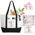 Personalized Friend Birthday Gifts for Women, Floral Ini-tial Large Tote Bag, Can-vas Beach Bag w Makeup Bag, Bridesmaid Bridal Shower Thank Teacher Gifts w Inner Pocket, Top Zi-pper, Gift Box, Card T