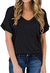 MIHOLL Women's Short Sleeve V-Neck Shirts Loose Casual Tee T-Shirt (Black, X-Large)