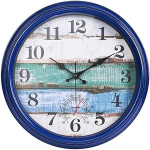 Yoiolclc Large Outdoor Clock Waterproof with Thermometer Vintage Rustic Coastal Clock for Pool Garden Patio (16 Inch,Dark Blue)