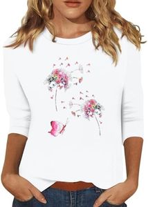 Women's 3/4 Sleeve Summer Tops 2025 Cute Sunflower Dandelion Prints 3/4 Length Sleeves Tops for Women Crewneck Plus Size Summer Elbow Length Sleeve Blouse Three-Quarter-Sleeve Top Woman