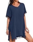 AI'MAGE V-Neck Cover Up Lightweight for Women Baggy Beachwear Beach Dress Polyester Summer, Navy Blue, M