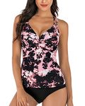 VECENEY Tankini Swimsuits for Women Two Piece Bathing Suits Cutout Criss Cross Swimsuit V Neck Swimwear Floral Black Pink L