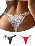 ohmydear Floral G String Thongs for Women Sexy Rhinestones Micro Thong Underwear Lingerie Plus Size Panties Low Rise Sexy Tanga Knickers Uk 8-18