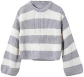 GORGLITTER Girl's Striped Sweaters Knit Long Sleeve Crewneck Color Block Sweater Jumper White and Grey 8Y