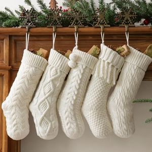 Pawliss Farmhouse Knitted Christmas Stockings: 5 Pack 18 Inch Rustic Cable Knit Fireplace Stockings, Cozy Hanging Xmas Stockings Boho Style Stocking Decorations for Family Holiday Décor, White Beige