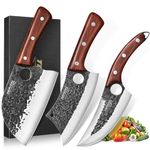 Topfeel 3PCS Butcher Knife Set, Hand Forged Serbian Chef Knife & Meat Cleaver Knife & Viking Knives, Meat Cutting Kitchen Knife Set for Home, Outdoor Cooking, Camping BBQ Men Gift Idea